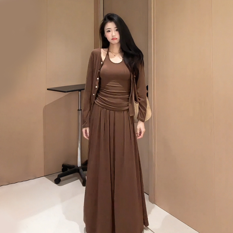 【9011】大码女装胖mm韩系秋季穿搭长袖开衫背心吊带半身裙套装