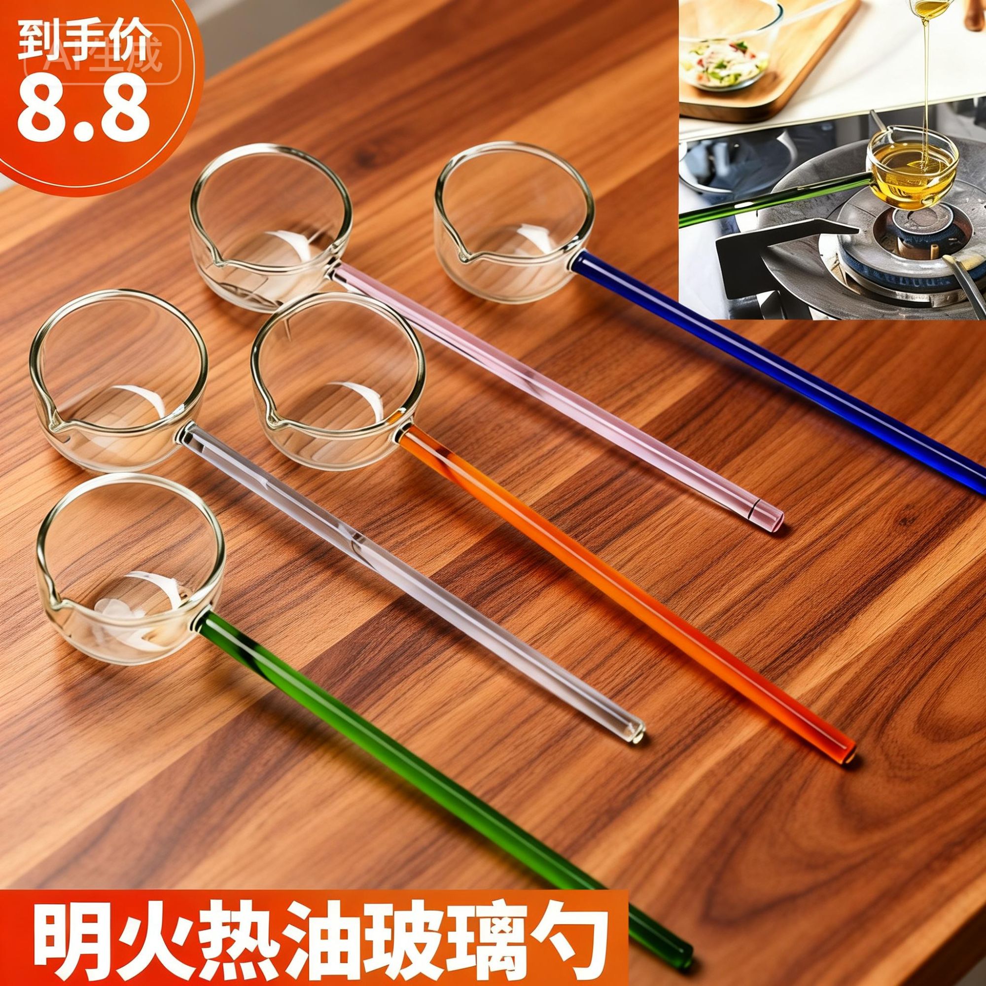 耐高温热油玻璃勺日式网红创意高硼硅手工彩色把手耐热长柄勺