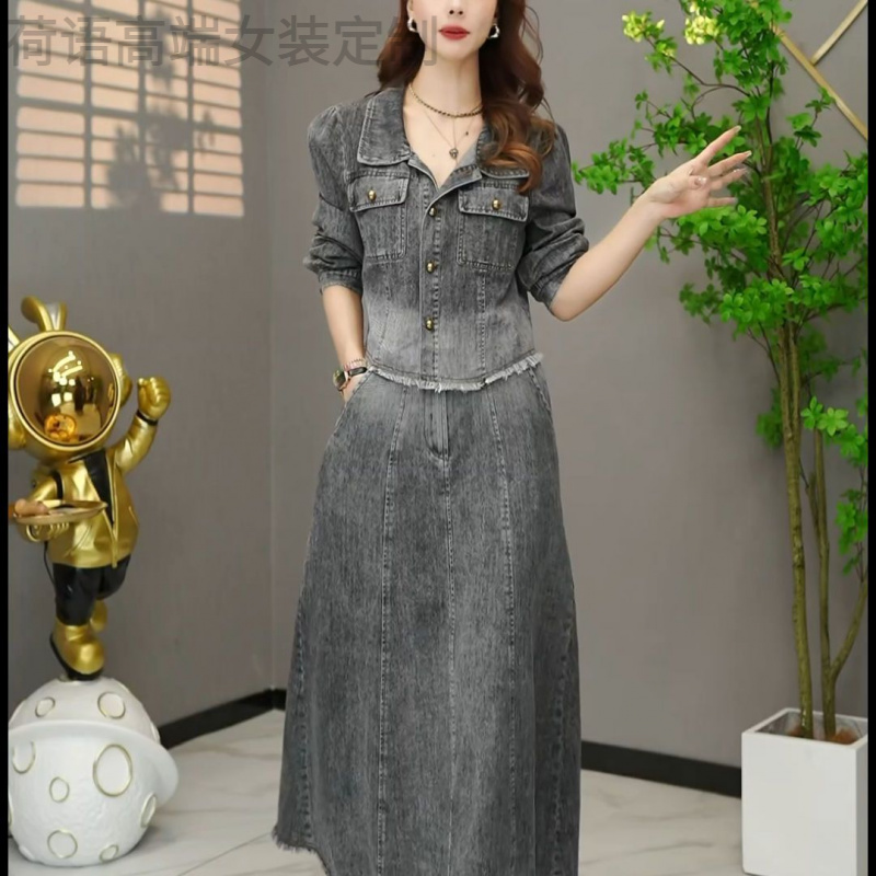 时尚长袖牛仔连衣裙套装女2025春秋新款女士气质休闲显瘦两件套裙
