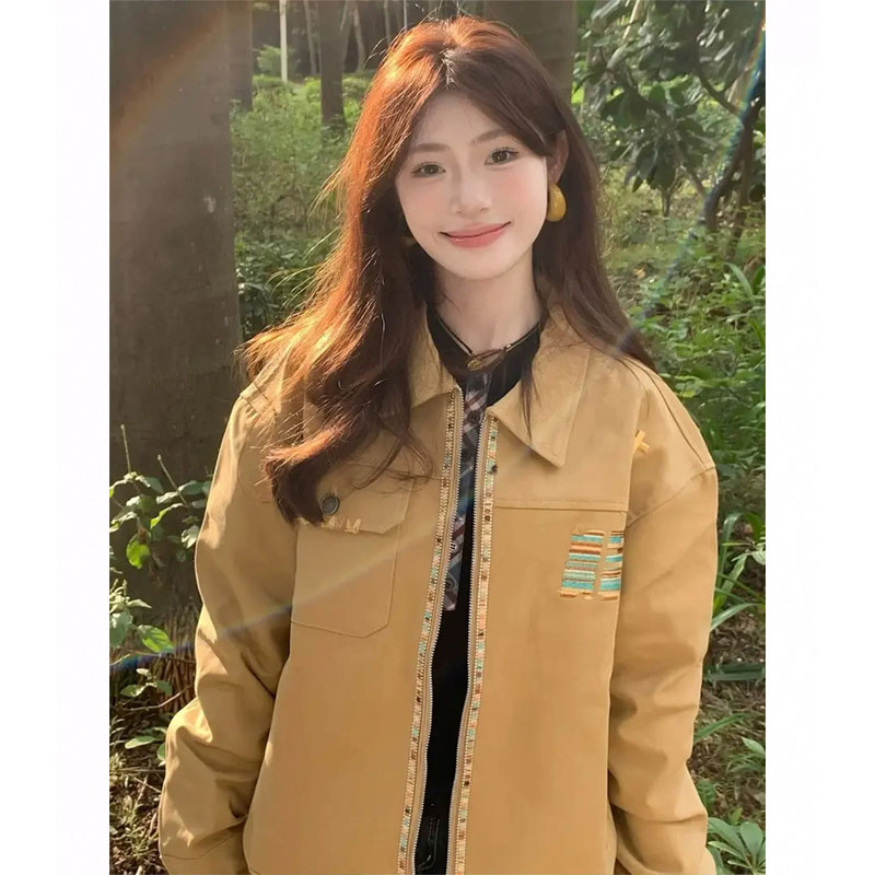 发芽计划美式复古刺绣翻领外套男秋小众设计感棒球服痞帅工装夹克