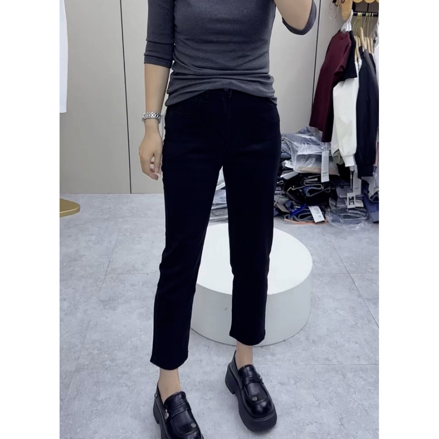 黑色高腰弹力直筒法棍牛仔裤女春秋新款宽松显瘦小个子九分烟管裤