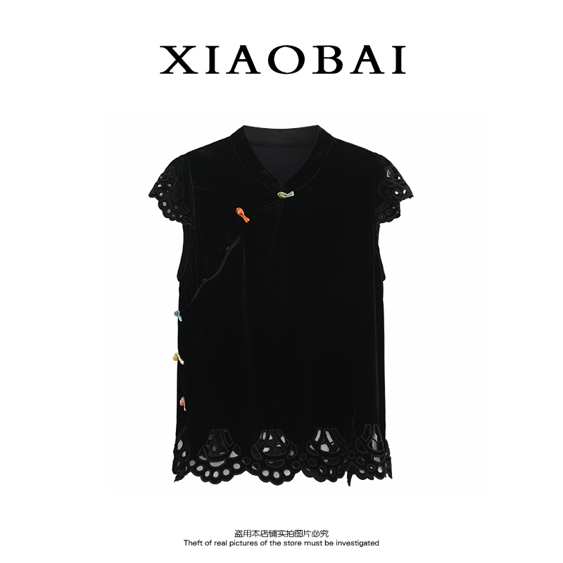 XIAOBAI 100真丝正肩短袖夏季轻中式国风蕾丝镂空上衣知性风女装