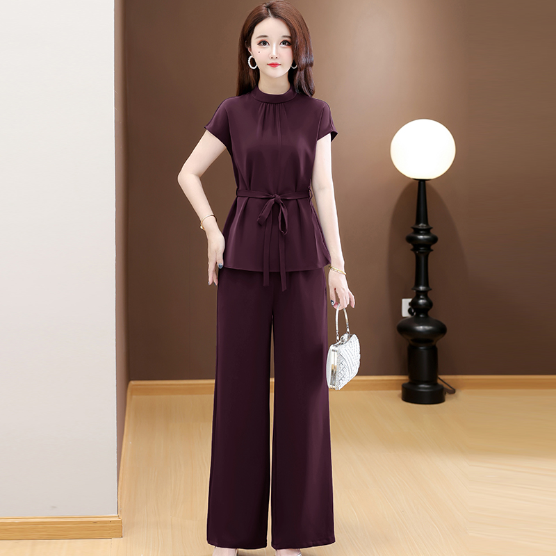 高档时尚纯色套装2025夏季新款气质优雅遮肉系带上衣阔腿裤两件套