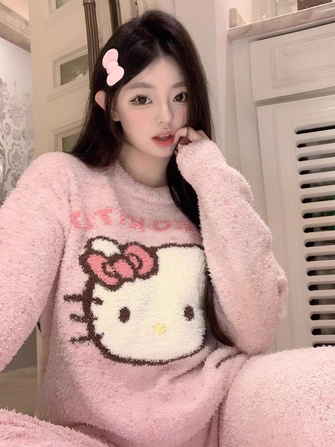 软绵绵kitty猫半边绒日系甜美加厚加绒保暖家居服睡衣少女家居服
