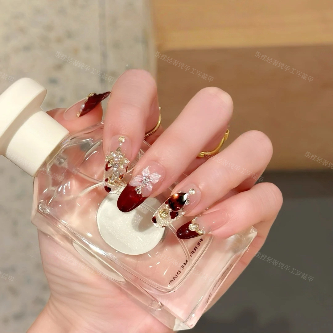 【红酒杯】纯手工穿戴甲豹纹花花贵气御姐红色系千金风捏捏穿戴甲