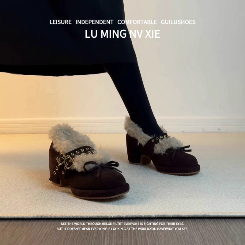 羊皮版~2025年秋冬新款法式毛毛圆头蝴蝶结加绒单鞋粗跟浅口单鞋