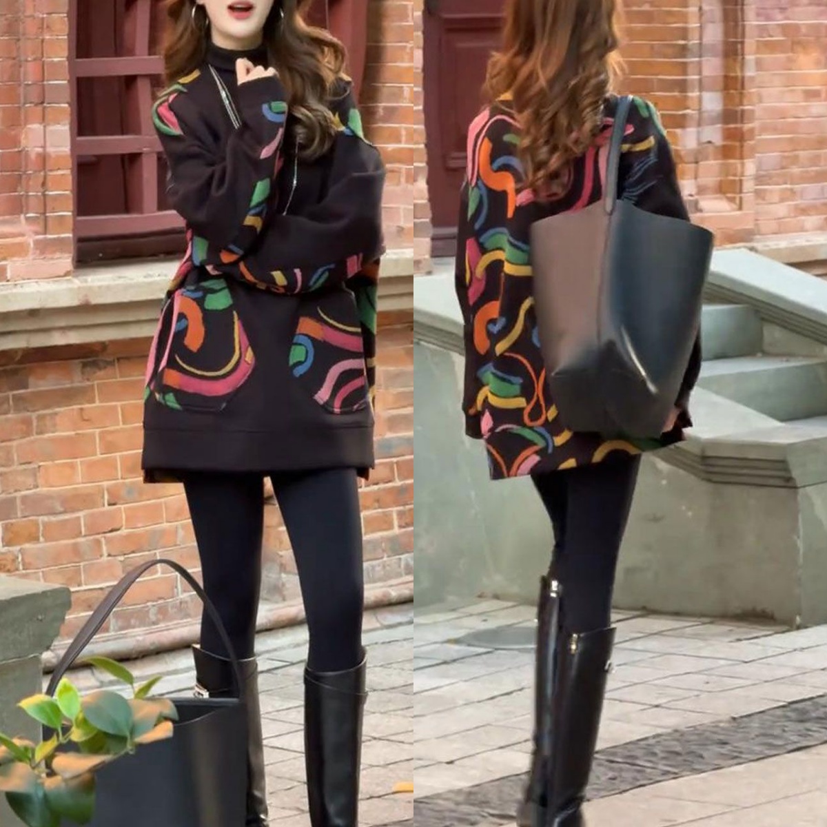 2026秋冬新款气质时尚百搭小众中长款后背印花减龄显瘦卫衣上衣潮