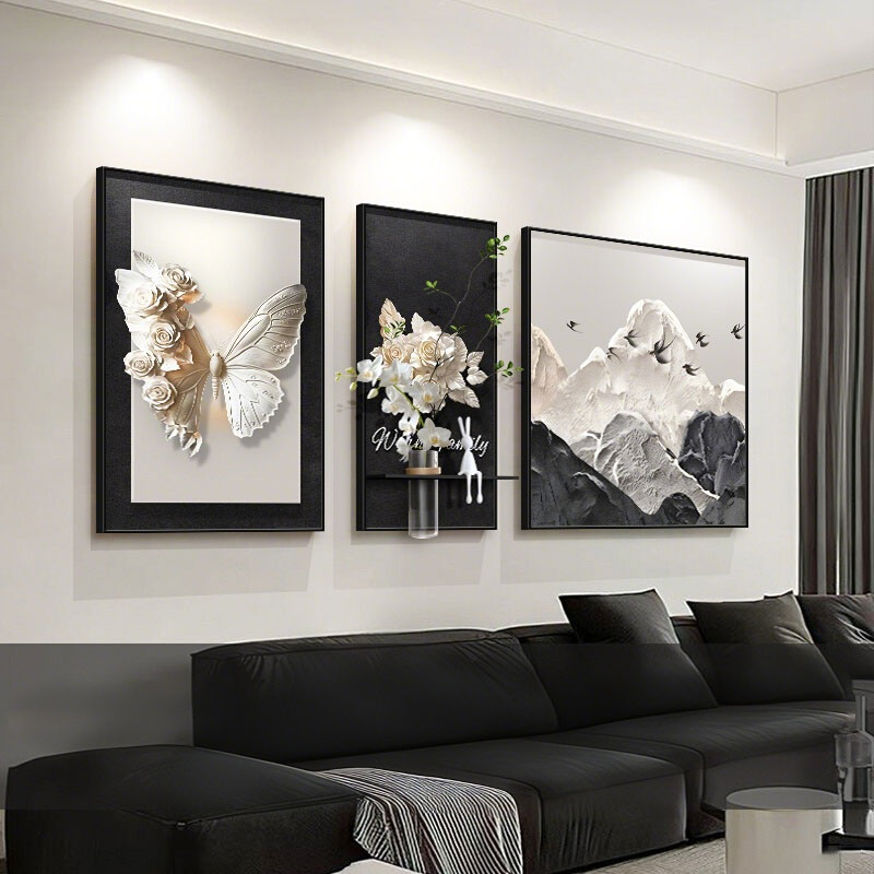 现代简约客厅装饰画沙发背景墙画背有靠山轻奢壁画蝴蝶三联挂画