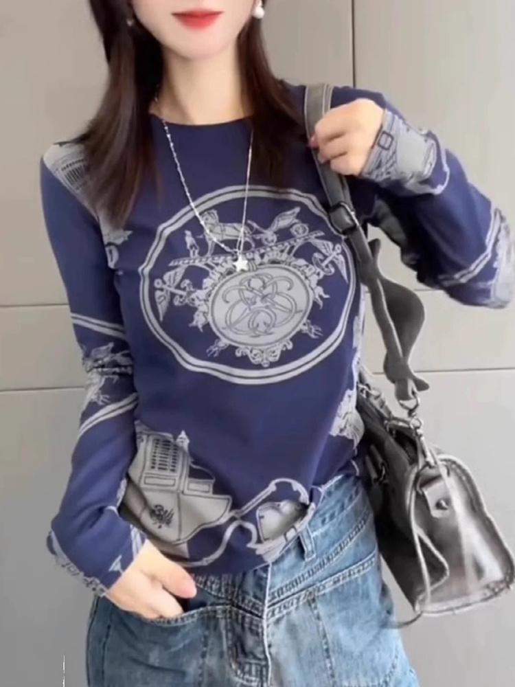 2025春秋季印花美式复古长袖t恤女长袖藏蓝淑女打底上衣5015