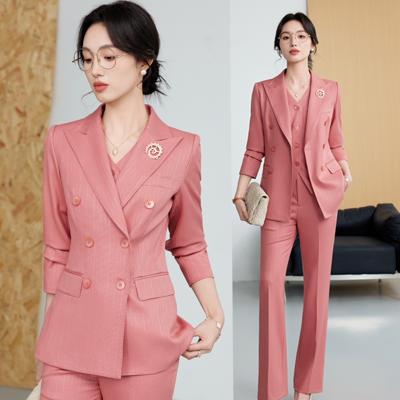 高级感粉色西装套装女职业装简约通勤双排扣马甲正装西服工作服