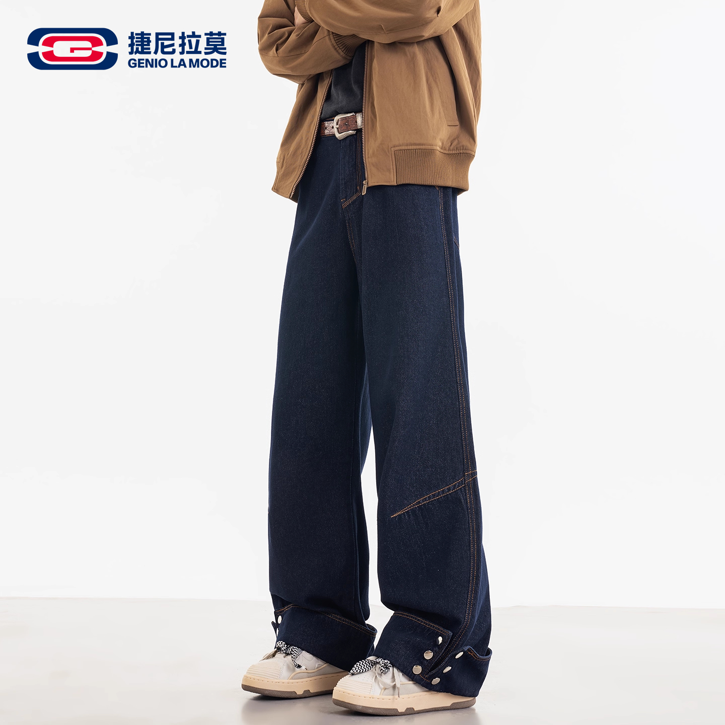 【敖瑞鹏代言】GENIOLAMODE美式阔腿原色牛仔裤男士秋冬新款复古