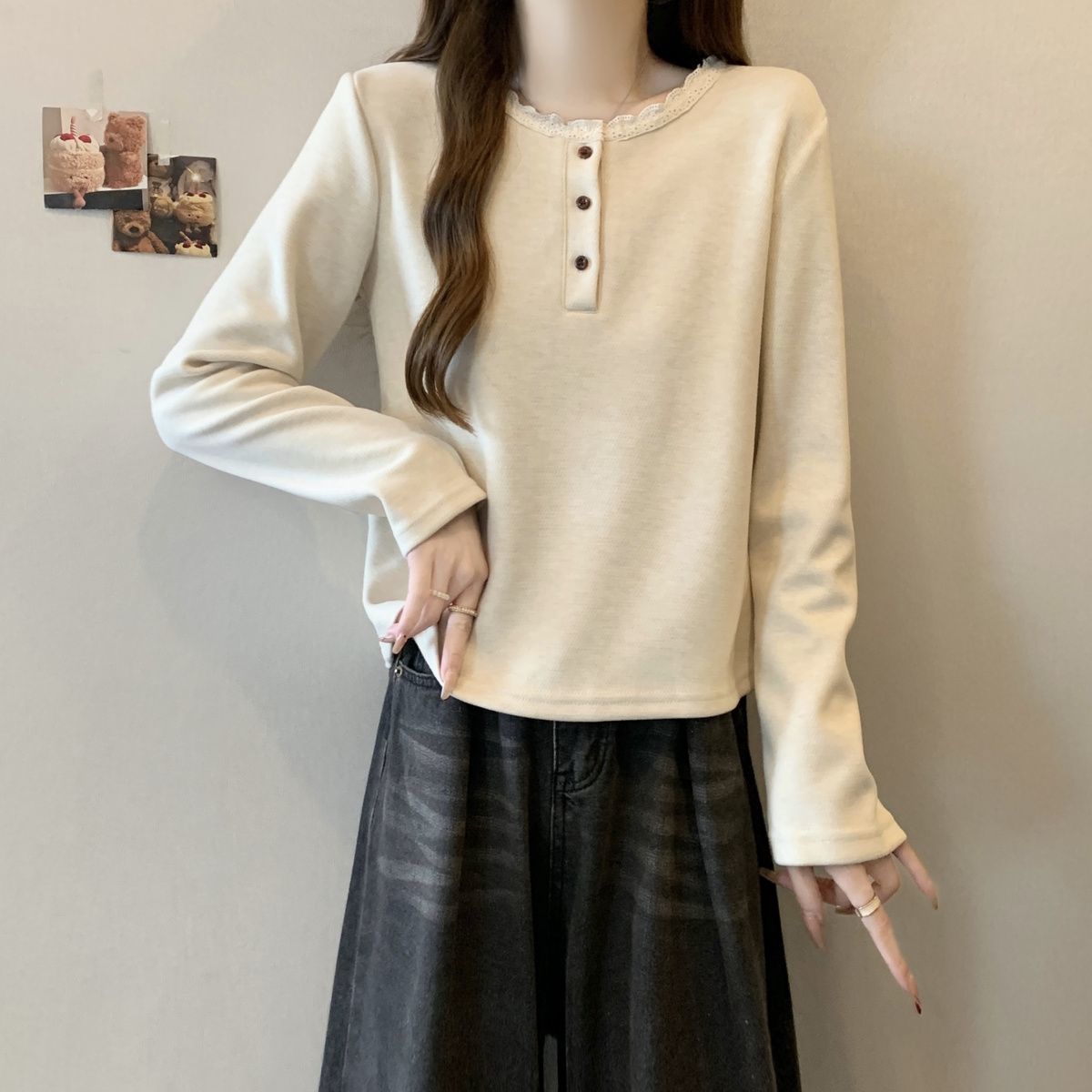 德绒设计感大码女装秋冬新款蕾丝花边长袖T恤加绒打底衫显瘦上衣