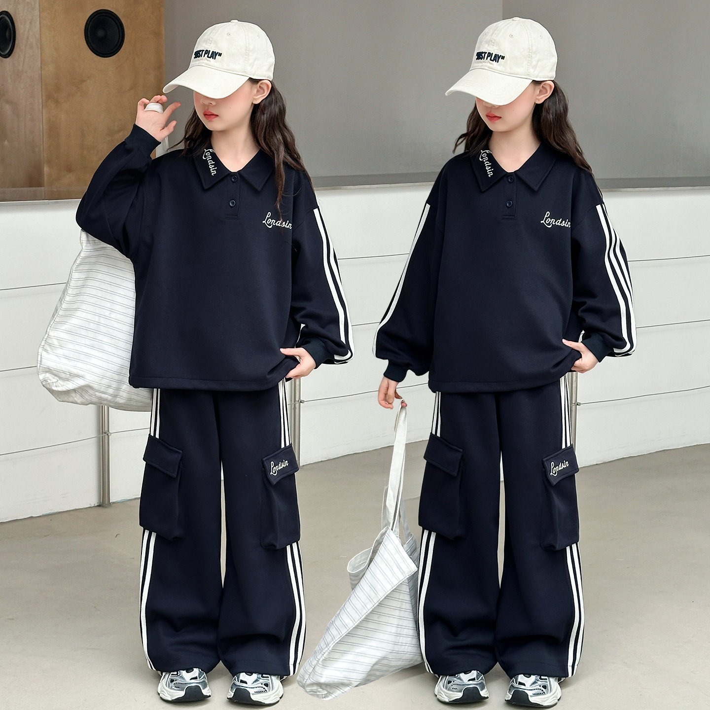 女童春秋套装2025新款中大童刺绣翻领上衣运动休闲工装裤两件套潮