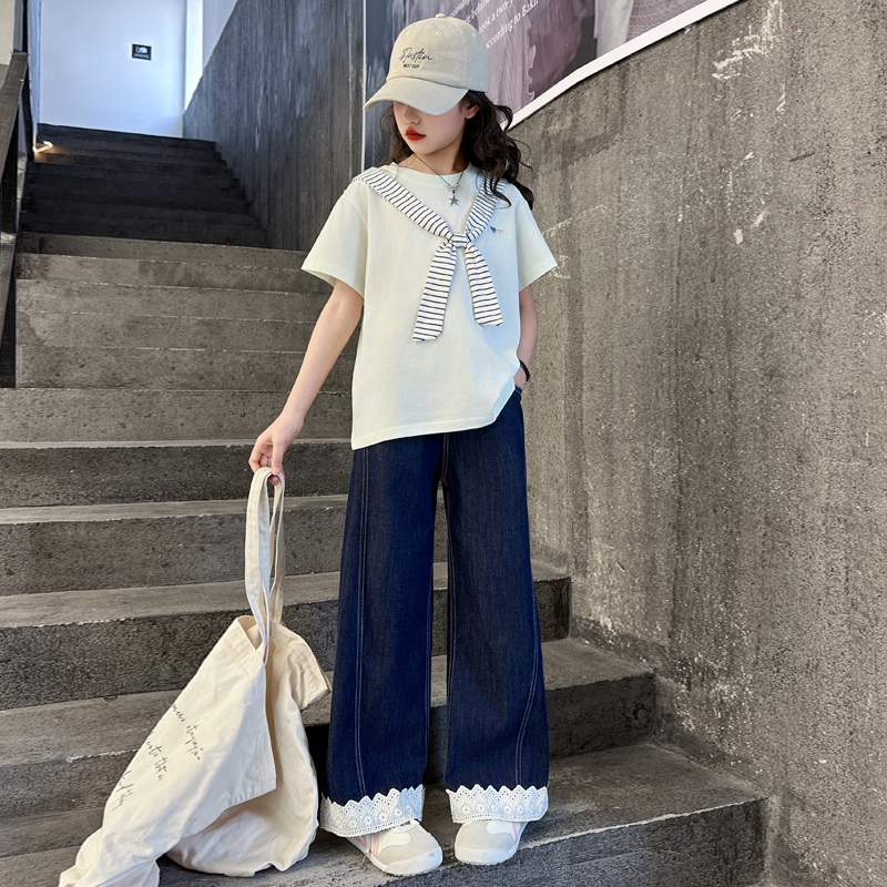 女童套装2025夏季新款洋气儿童学院风夏装中大童蕾丝牛仔裤两件套