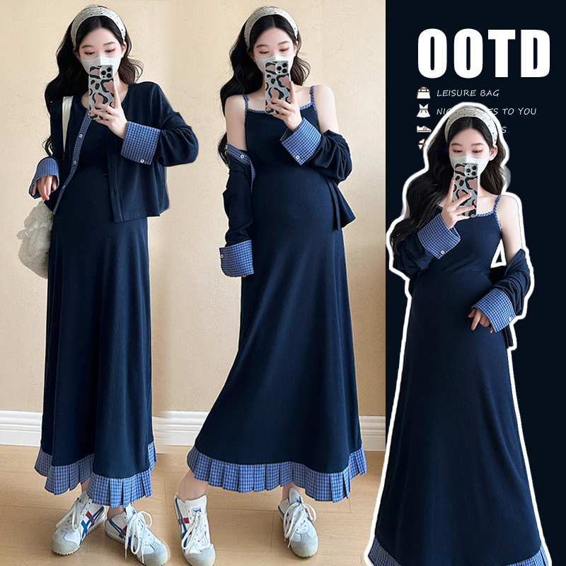 孕妇装2025秋季新款韩版时尚小香风撞色针织吊带裙开衫减龄两件套