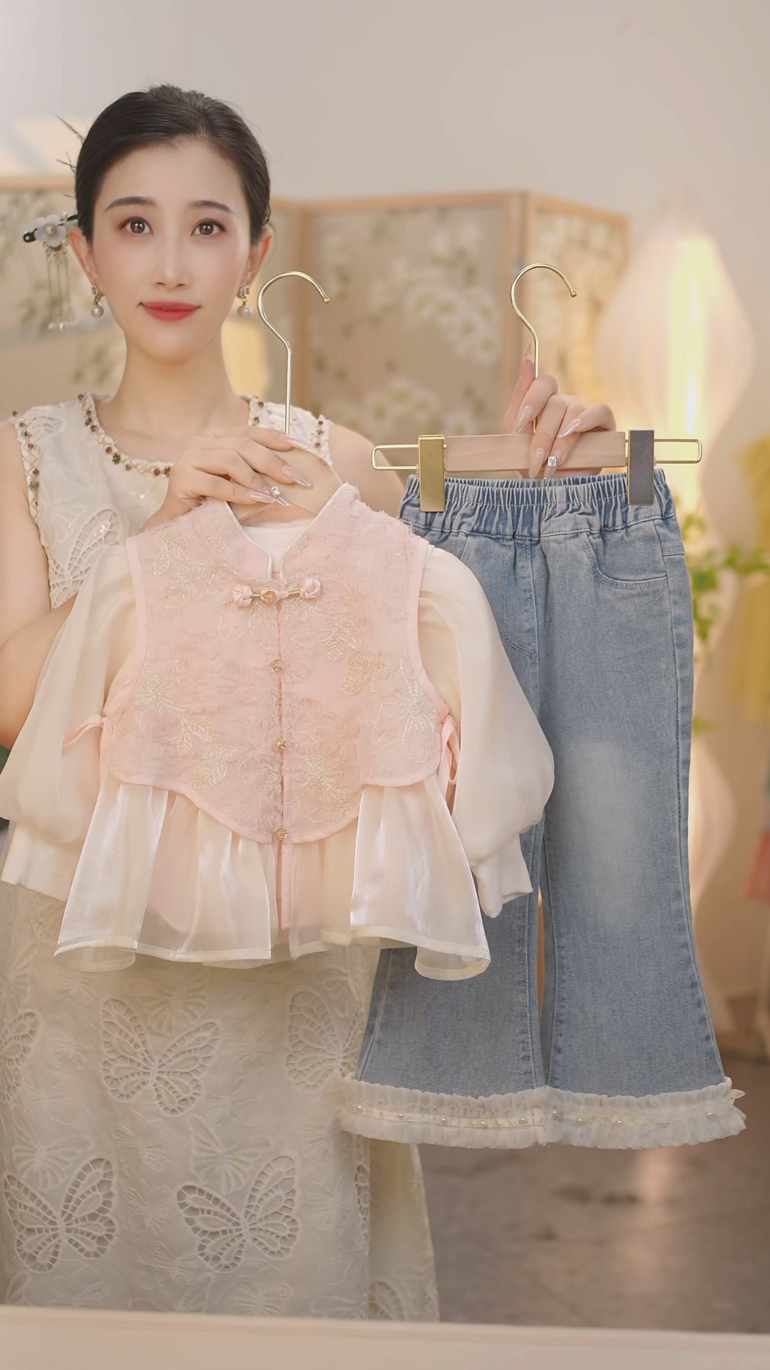 现货【倾城】SC519女童2025秋季新中式马甲牛仔裤打底衫三件套套装