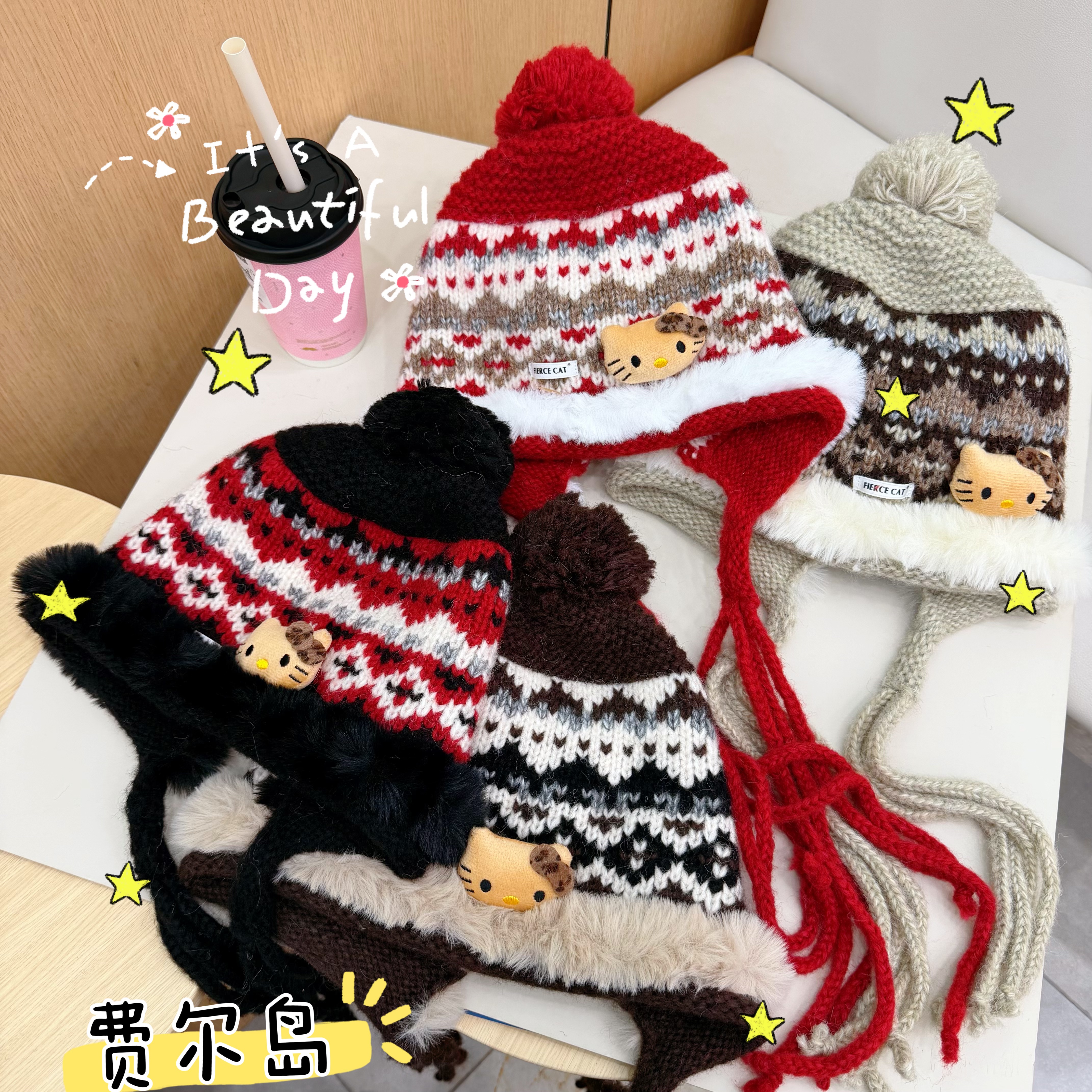 提花针织凯蒂猫毛球暖暖帽巨好看保暖帽儿童秋冬韩系费尔岛女孩潮