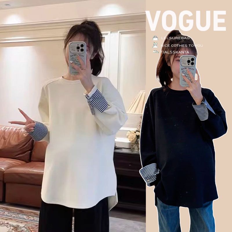 孕妇装春秋季韩系拼接纯色假两件卫衣宽松显瘦休闲百搭长袖上衣