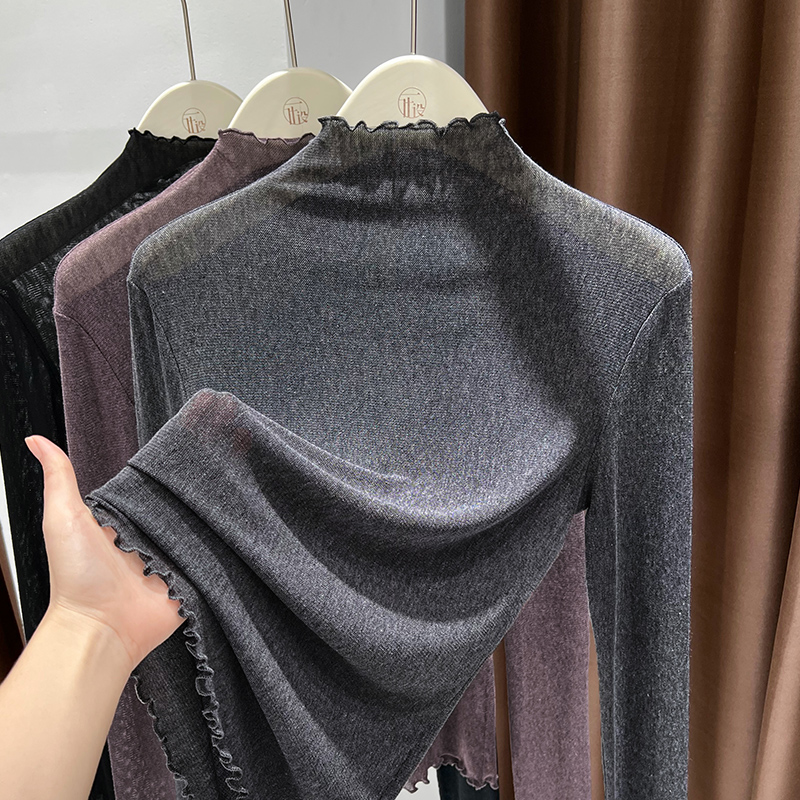 简约木耳领蕾丝长袖打底衫女新款半高领透视网纱小衫内搭气质上衣