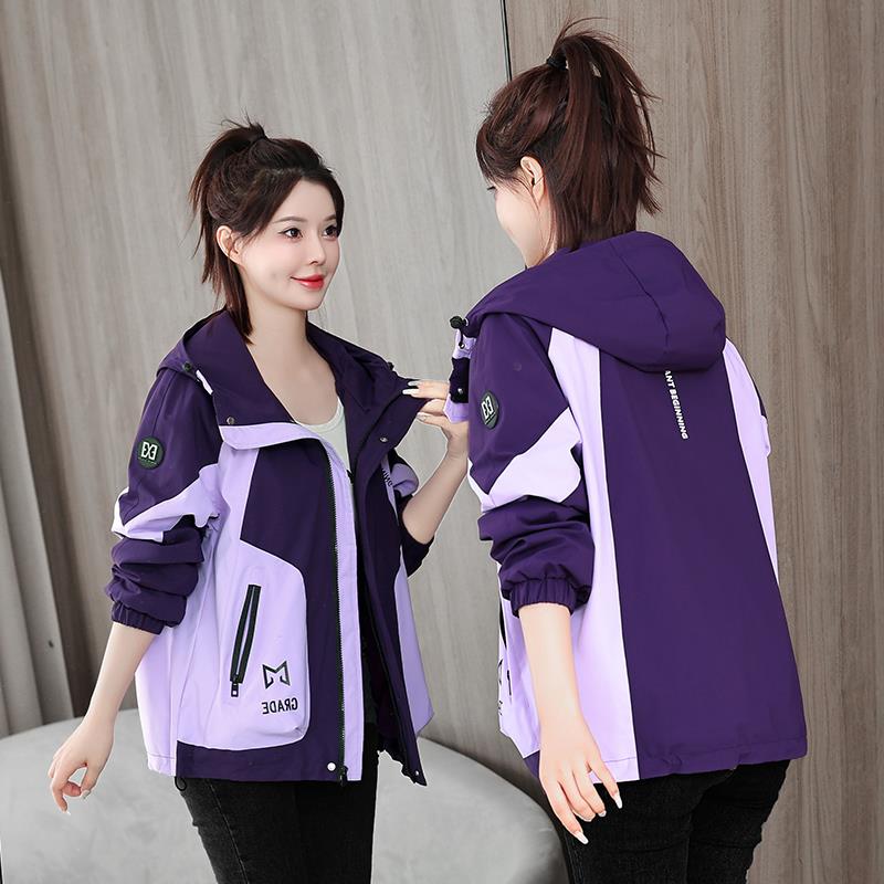 2025春秋时尚撞色短款户外外套女新款休闲宽松夹克高级连帽冲锋衣