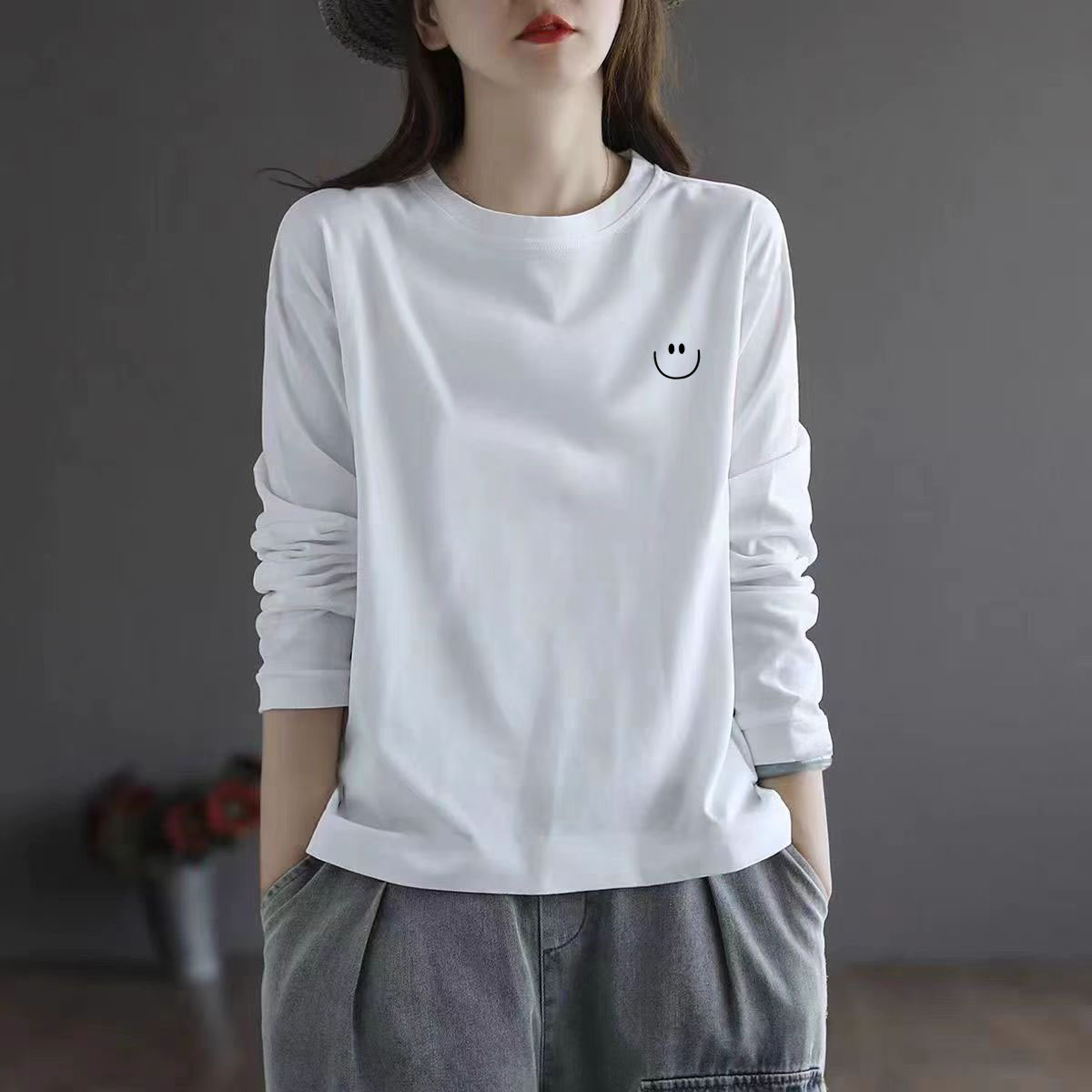 精品棉~白色长袖t恤女2025春秋季圆领正肩宽松休闲内搭打底衫上衣