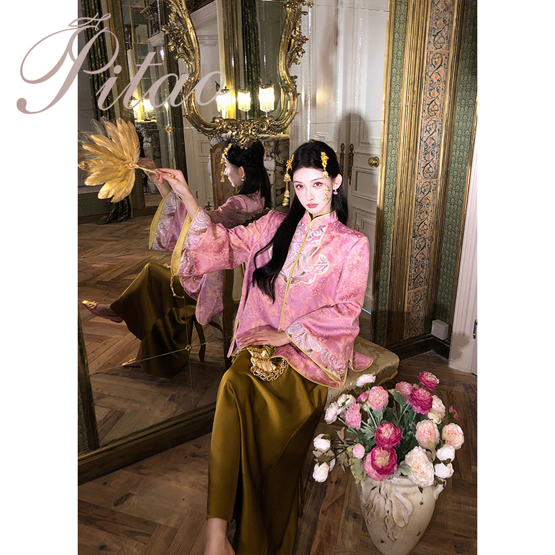 杜屁屁桃PITAO原创【胭脂美人】秋季新款女绣花新中式重工外套半裙