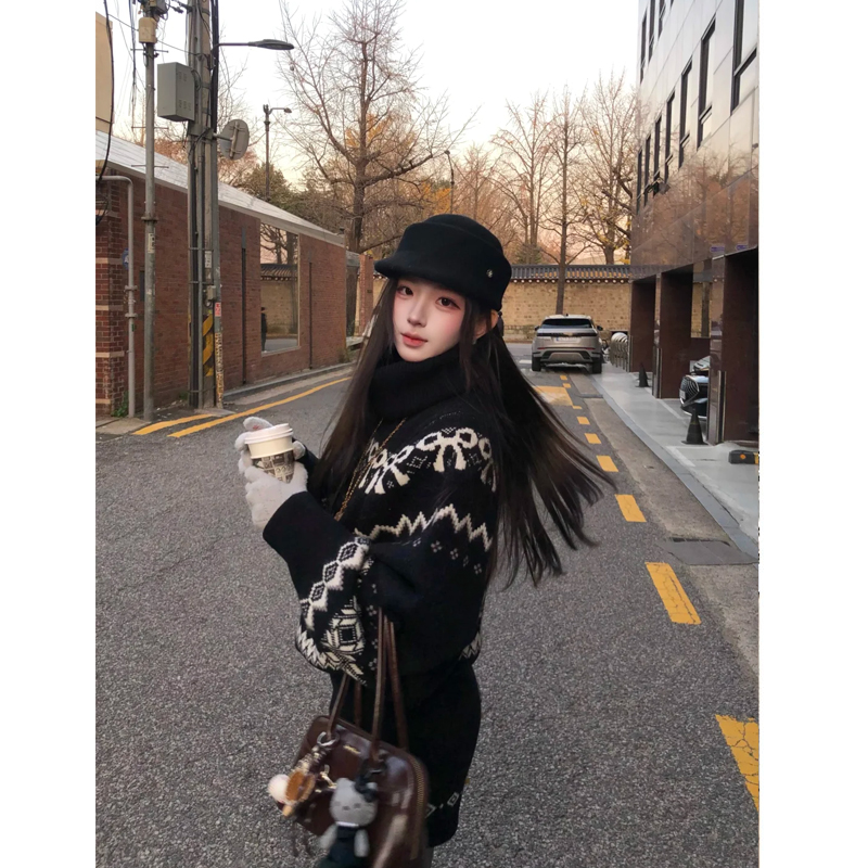 费尔岛甜美风黑色高领针织衫上衣女秋冬季超好看独特漂亮长袖毛衣