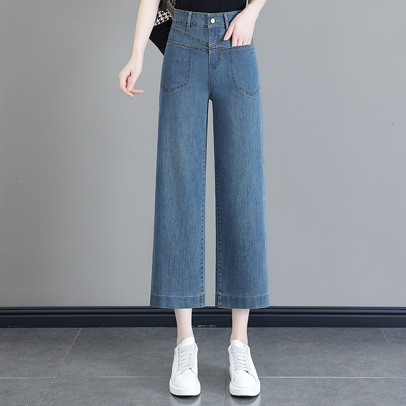 艾格蓝色八分阔腿牛仔裤女2025夏季薄款窄版直筒裤小个子休闲裤子