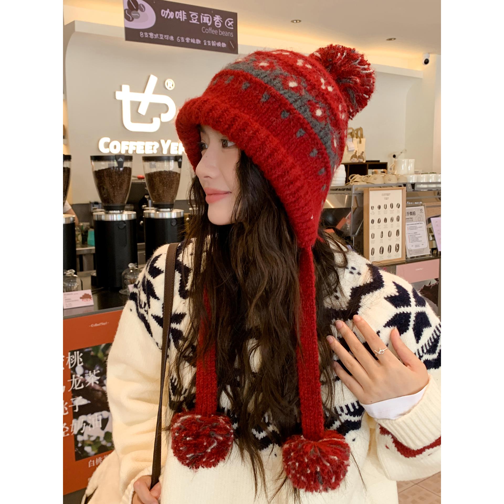 新款费尔岛风针织帽女秋冬保暖毛线帽防寒骑车护耳帽显脸小雷锋帽