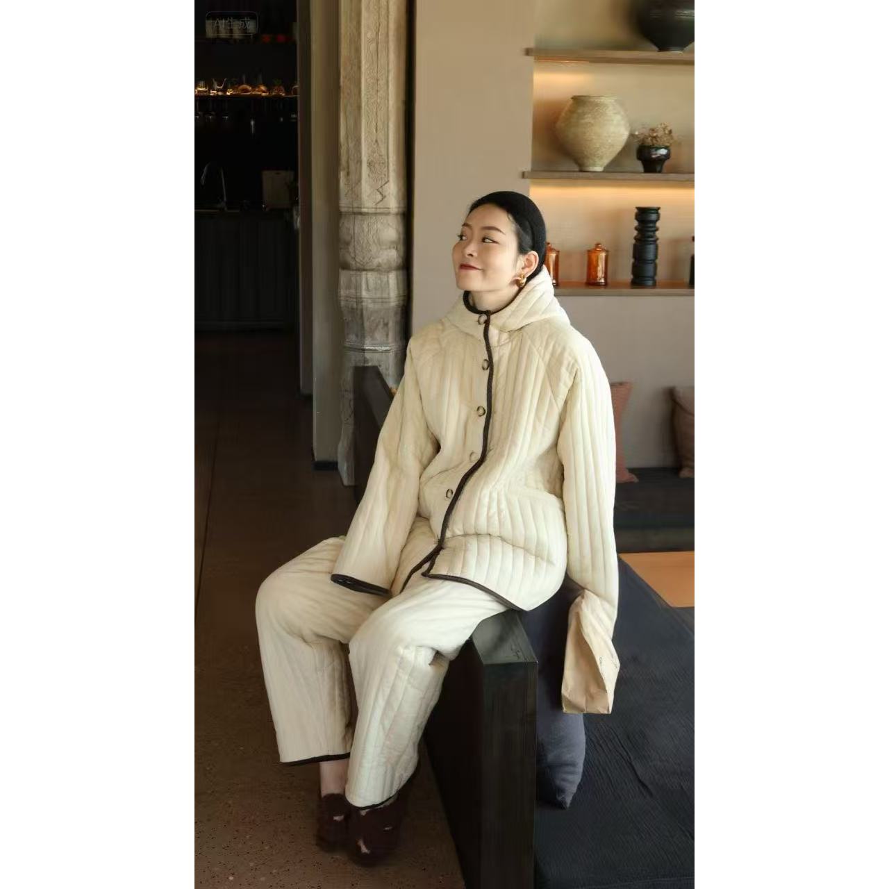 韩版简约纯色连帽夹棉睡衣女秋冬新款保暖休闲家居服套装可外穿