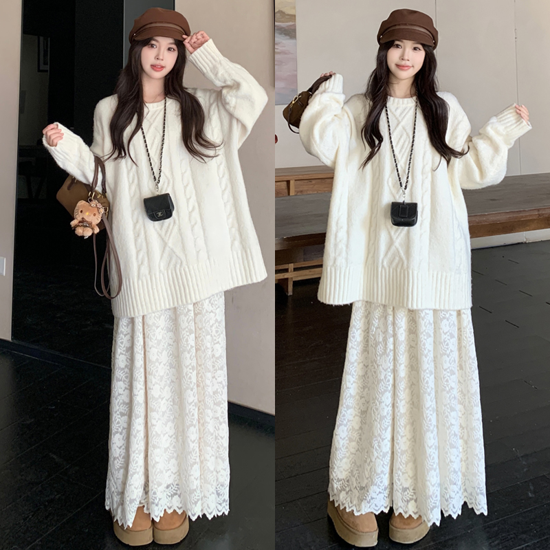 大码胖mm秋冬新款宽松长袖毛衣蕾丝半裙设计感简约百搭套装女