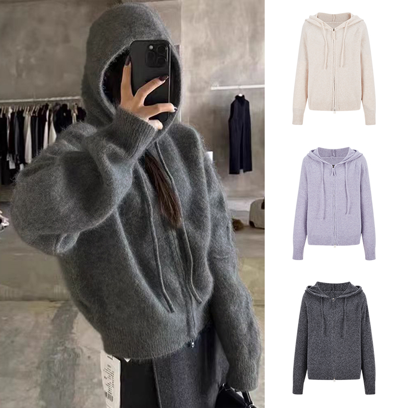 Moses Queen/魔西女王软糯连帽双拉链针织外套女秋冬百搭开衫上衣