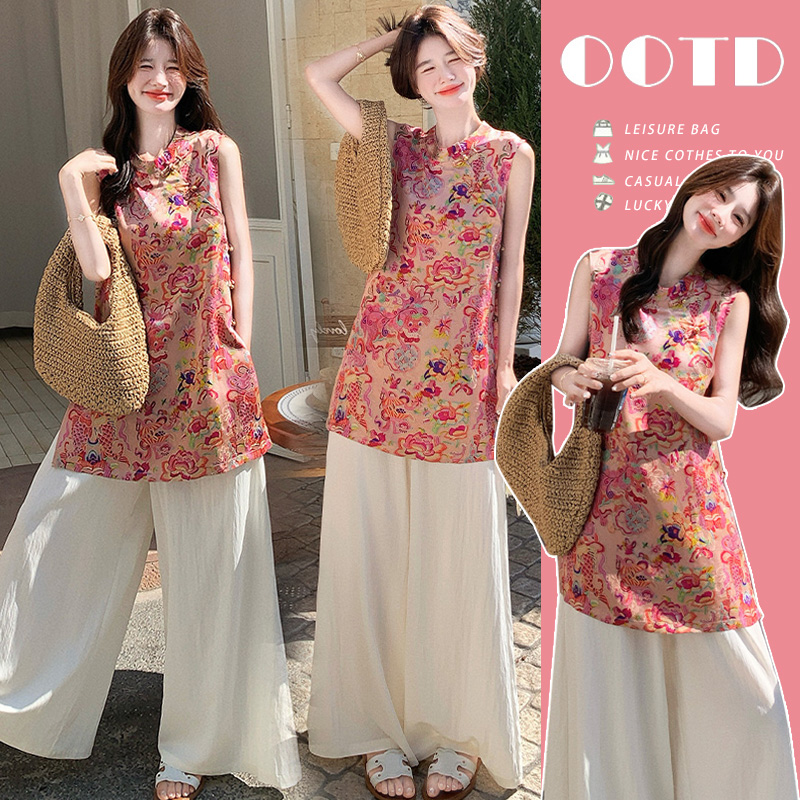 孕妇装夏季2025新款新中式国风洋气百搭无袖上衣阔腿裤两件套套装