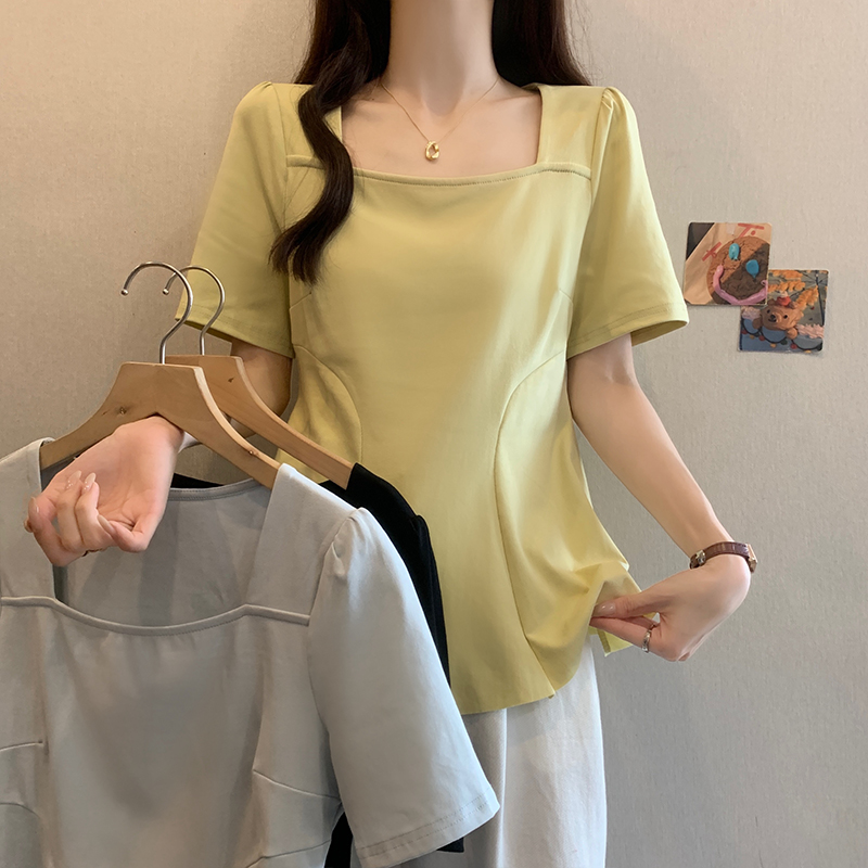2025夏装新款胖mm大码收腰百褶下摆短袖T恤纯欲方领正肩上衣
