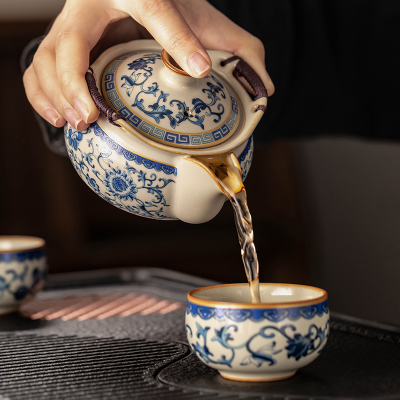 青花汝窑手抓壶盖碗茶杯高档大号防烫家用功夫茶具泡茶茶碗带盖