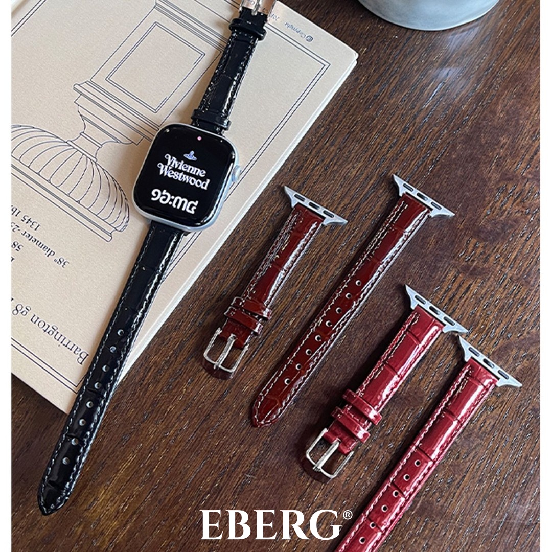 适用苹果手表s11表带iwatchs10漆面竹节纹真皮applewatchs9女款se