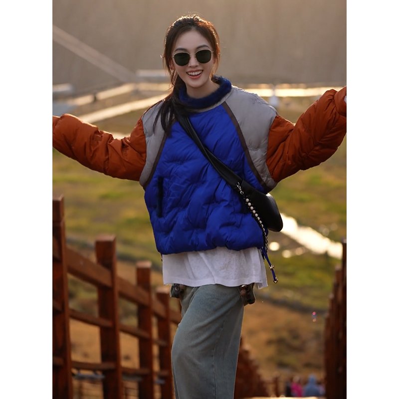 韩版休闲显瘦拼色圆领羽绒服欧洲站2025冬季新款时尚百搭套头外套