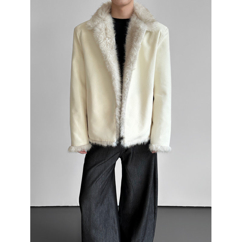 冬季高级感小众设计师款加绒夹克外套男轻薄保暖皮毛一体棉衣棉服