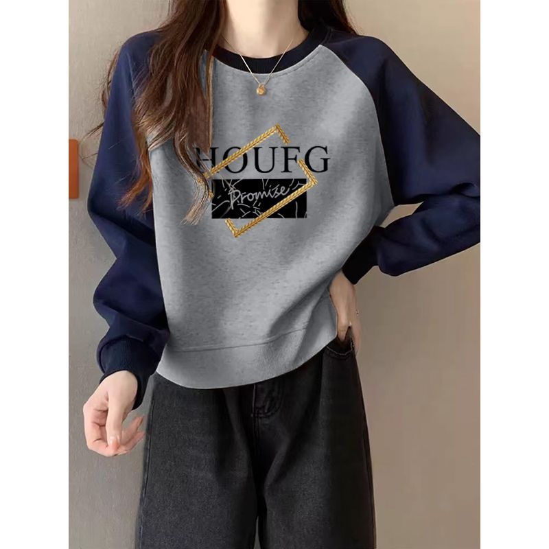 美式复古插肩长袖加绒卫衣女秋冬短款小个子宽松套头外套爆款上衣