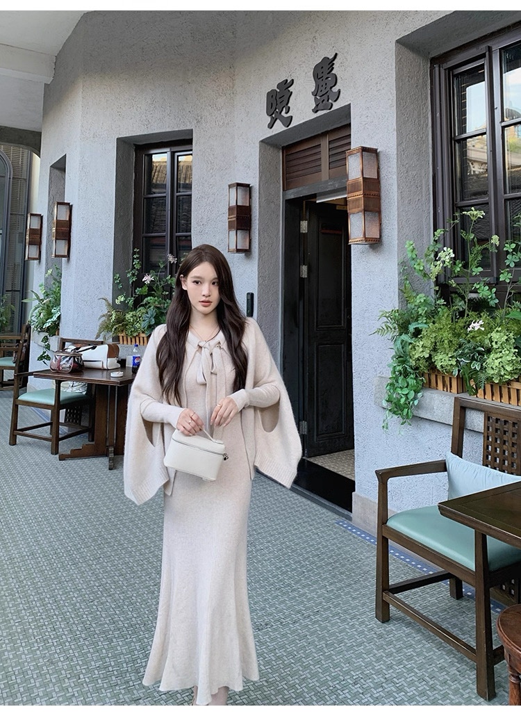 小香风休闲风日式时尚套装千金风法式少女风系带斗篷连衣裙套装