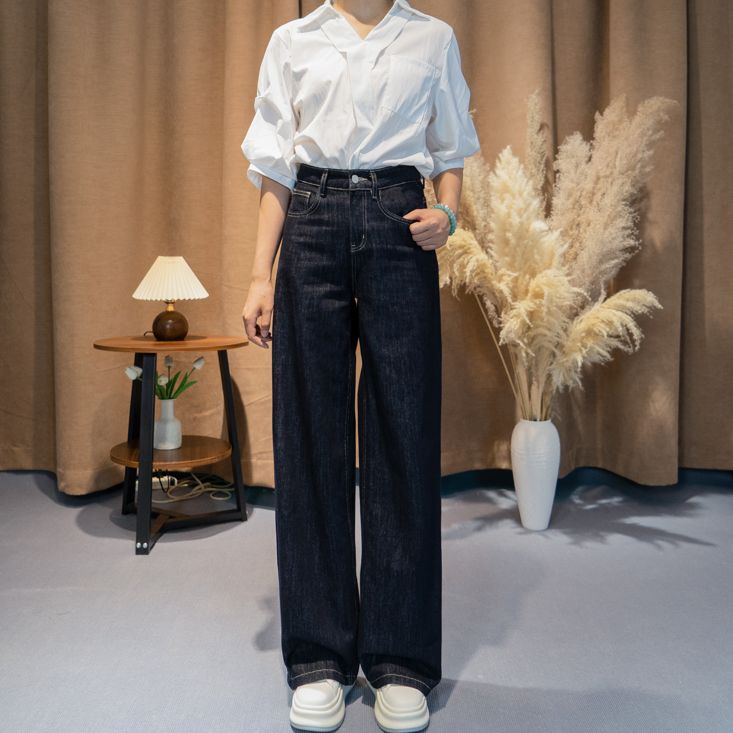 秋冬精梳棉丹宁原牛拖地时尚百搭休闲潮流大阔腿直筒牛仔女裤