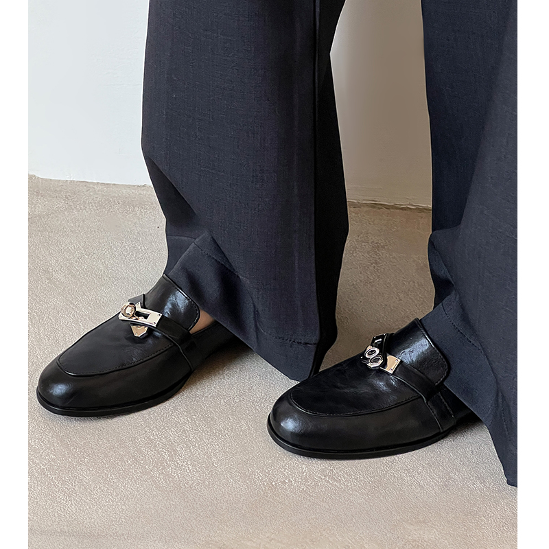 kmeizu匠心单鞋软鞋~头层牛皮锁扣乐福鞋女春平底一脚蹬小皮鞋做