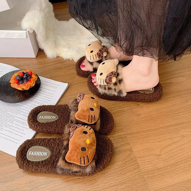 可爱kitty豹纹毛毛拖鞋女生秋冬季外穿保暖家居棉拖鞋防滑一字拖
