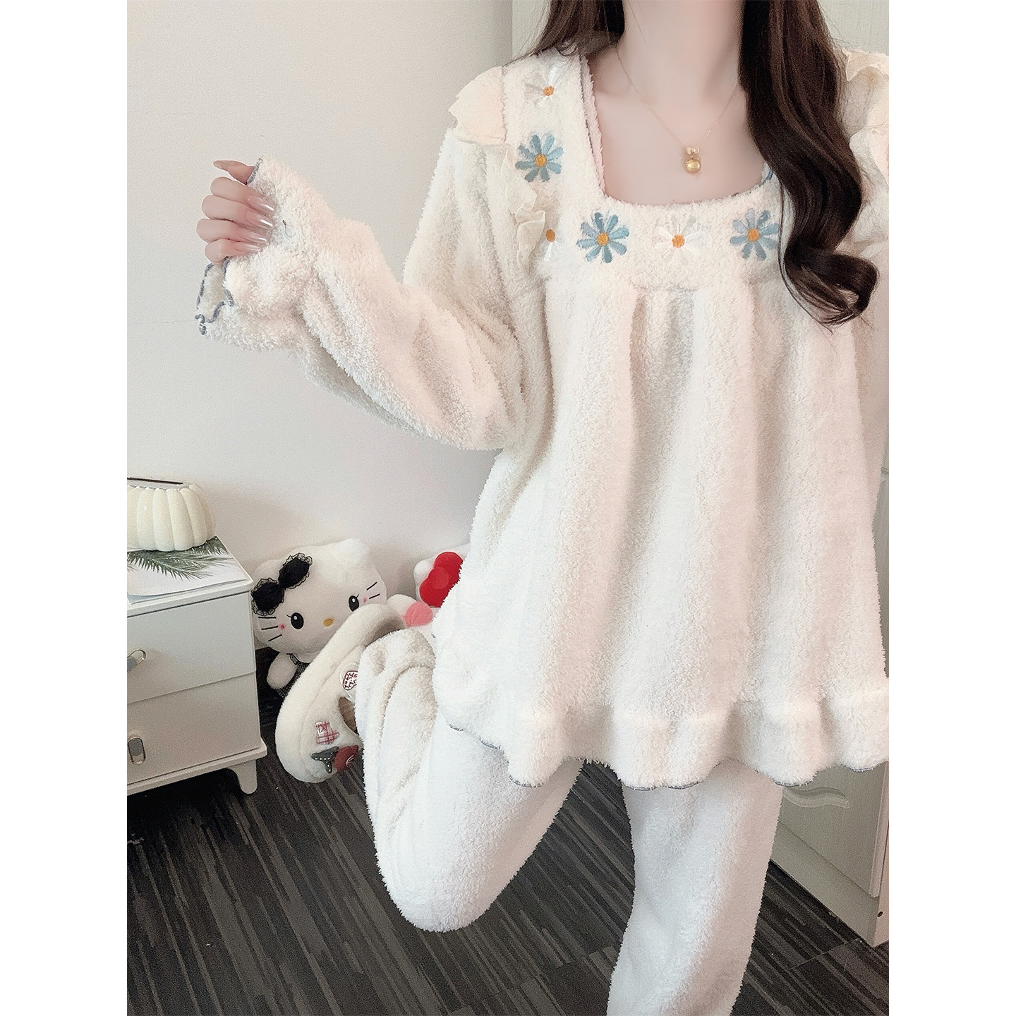 【加厚半边绒】睡衣女秋冬季甜美刺绣少女保暖新款冬天家居服套装