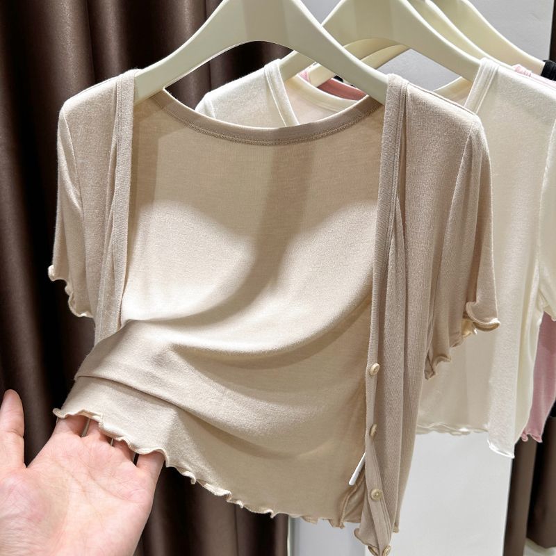 大码莫代尔木耳边短袖开衫女装胖mm夏外搭披肩短款防晒罩衫薄外套