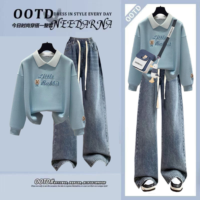 2025春季套装学生韩版宽松学院牛仔卫衣牛仔裤休闲裤洋气两件套
