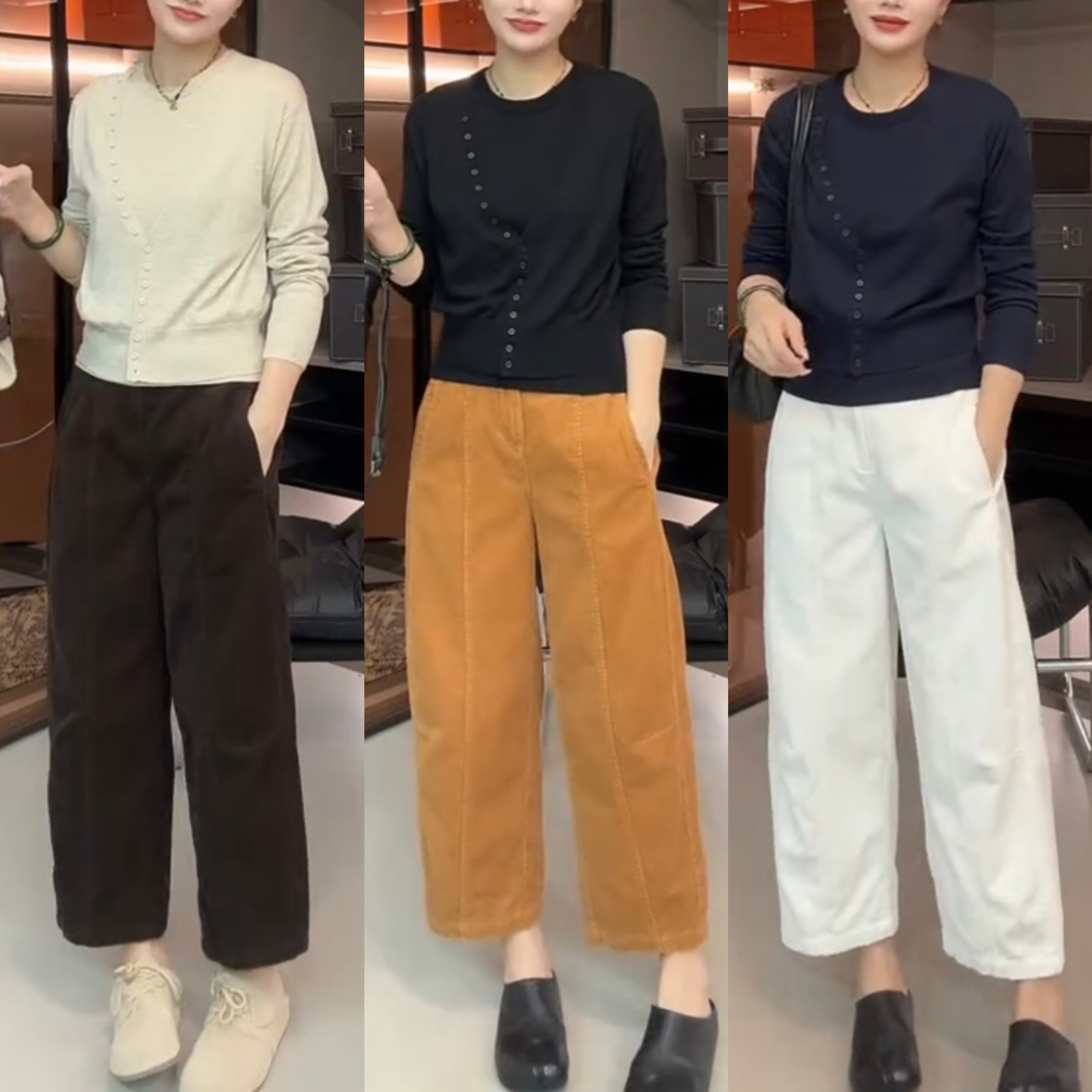 秋季新款设计感条绒奶奶裤百搭九分休闲裤背心小衫上衣显瘦穿搭
