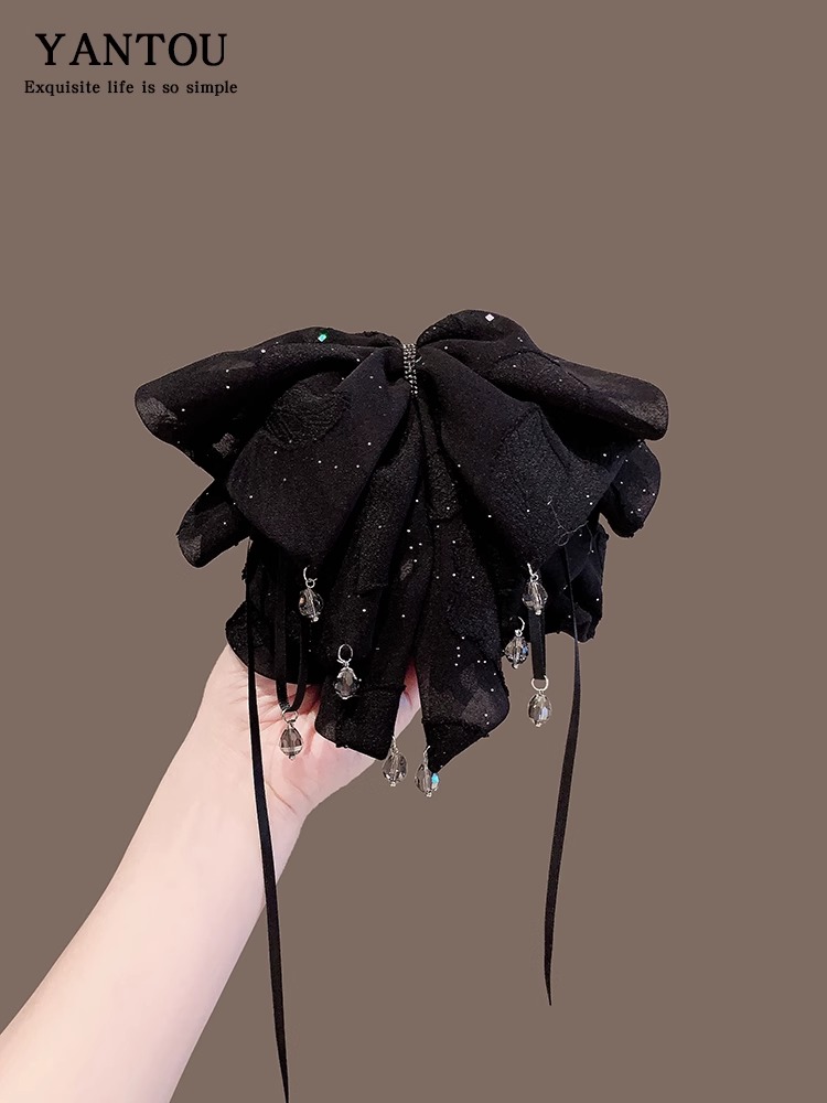 黑色高级感蝴蝶结吊珠抓夹2025新款后脑勺高端高马尾发夹头饰女