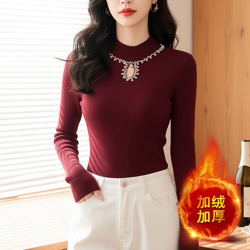 半高领一体绒打底衫女款内搭秋冬新款加绒加厚毛衣洋气保暖针织衫