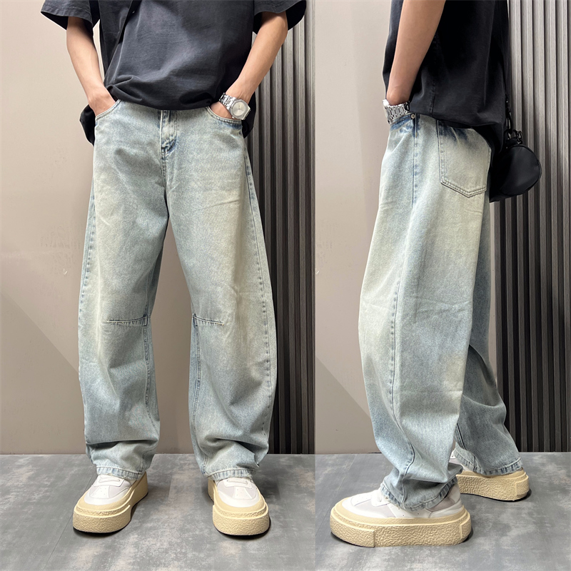 秋季美式痞帅复古水洗渐变弯刀牛仔裤男直筒宽松高街百搭阔腿裤子